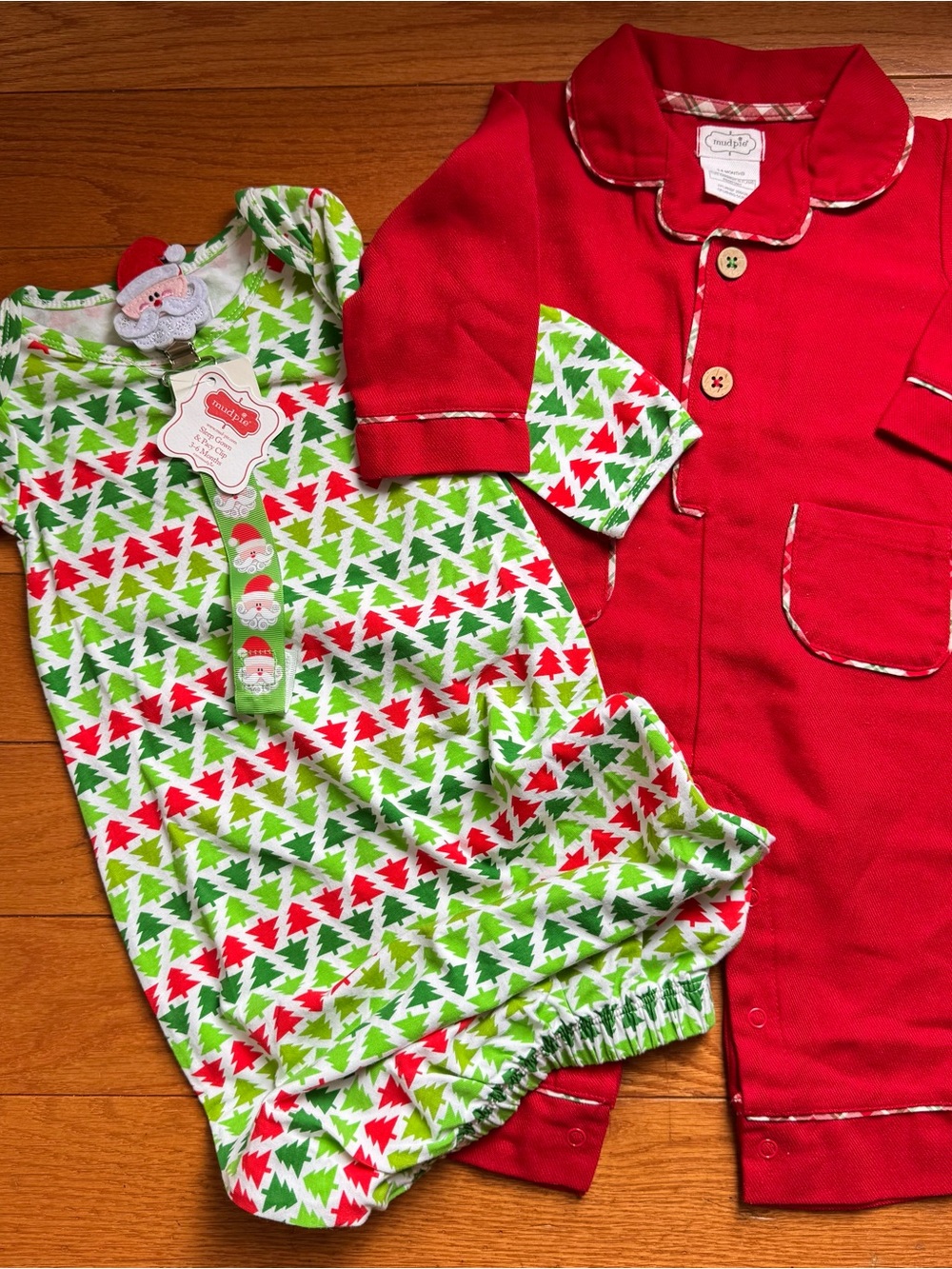 MudPie Holiday Pajamas, Romper, Santa Paci clip Kids PJ Set Red, Green Christmas